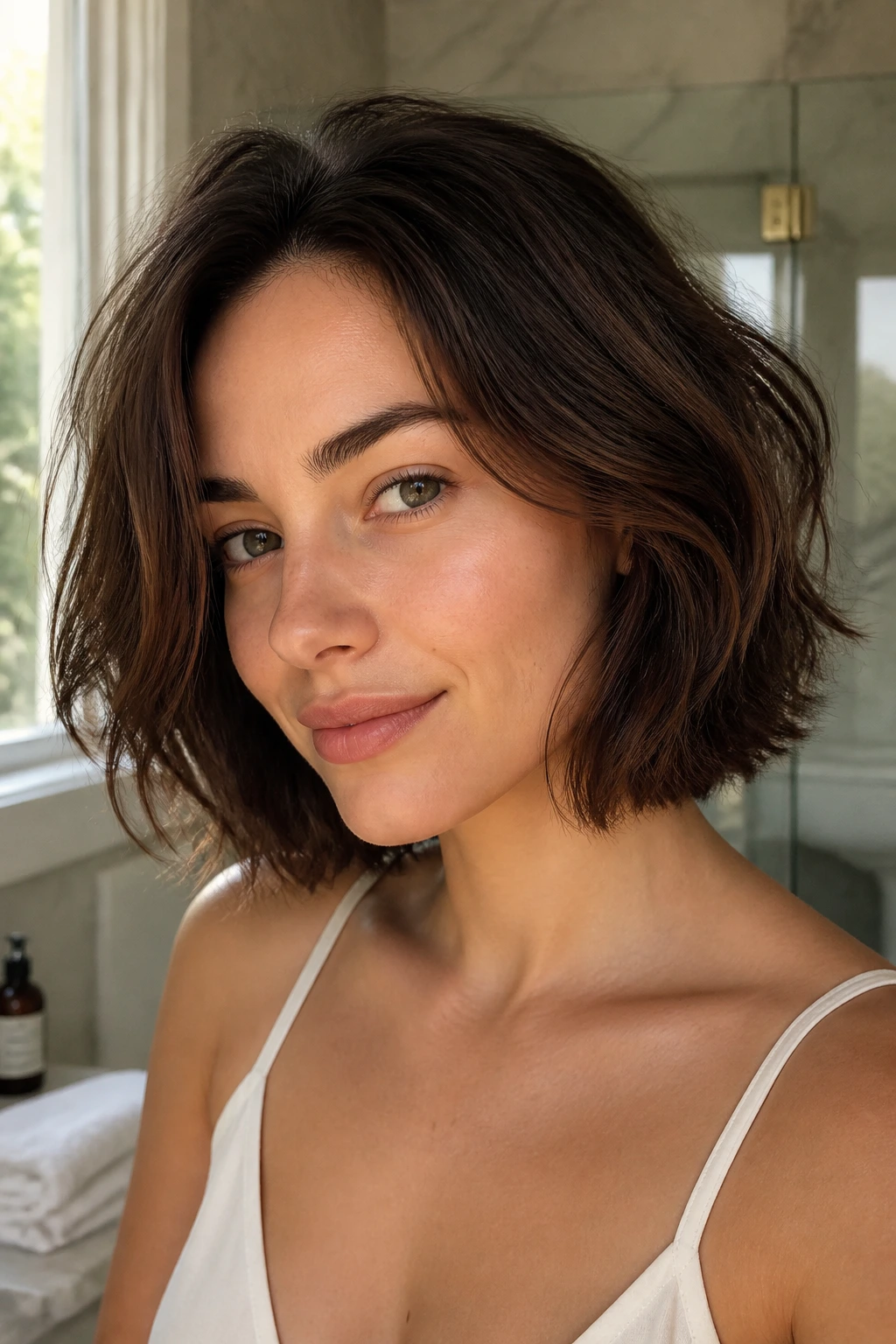 Close-up portrait of a real woman with an air-dry bob and natural bend, warm window light.