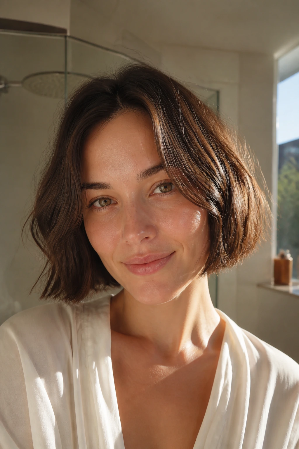 Close-up of woman with air-dry bob and natural bend.