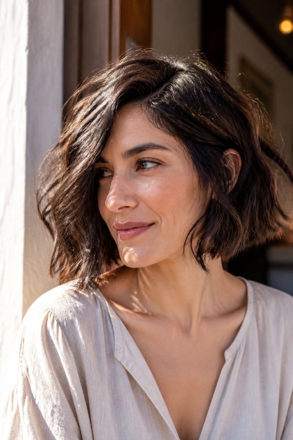 Real woman with natural-waved air-dry bob in outdoor light