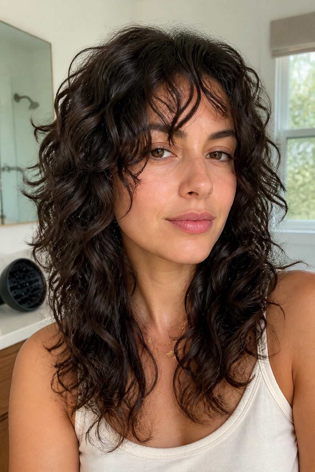 Close-up portrait of a woman with natural curl shag.