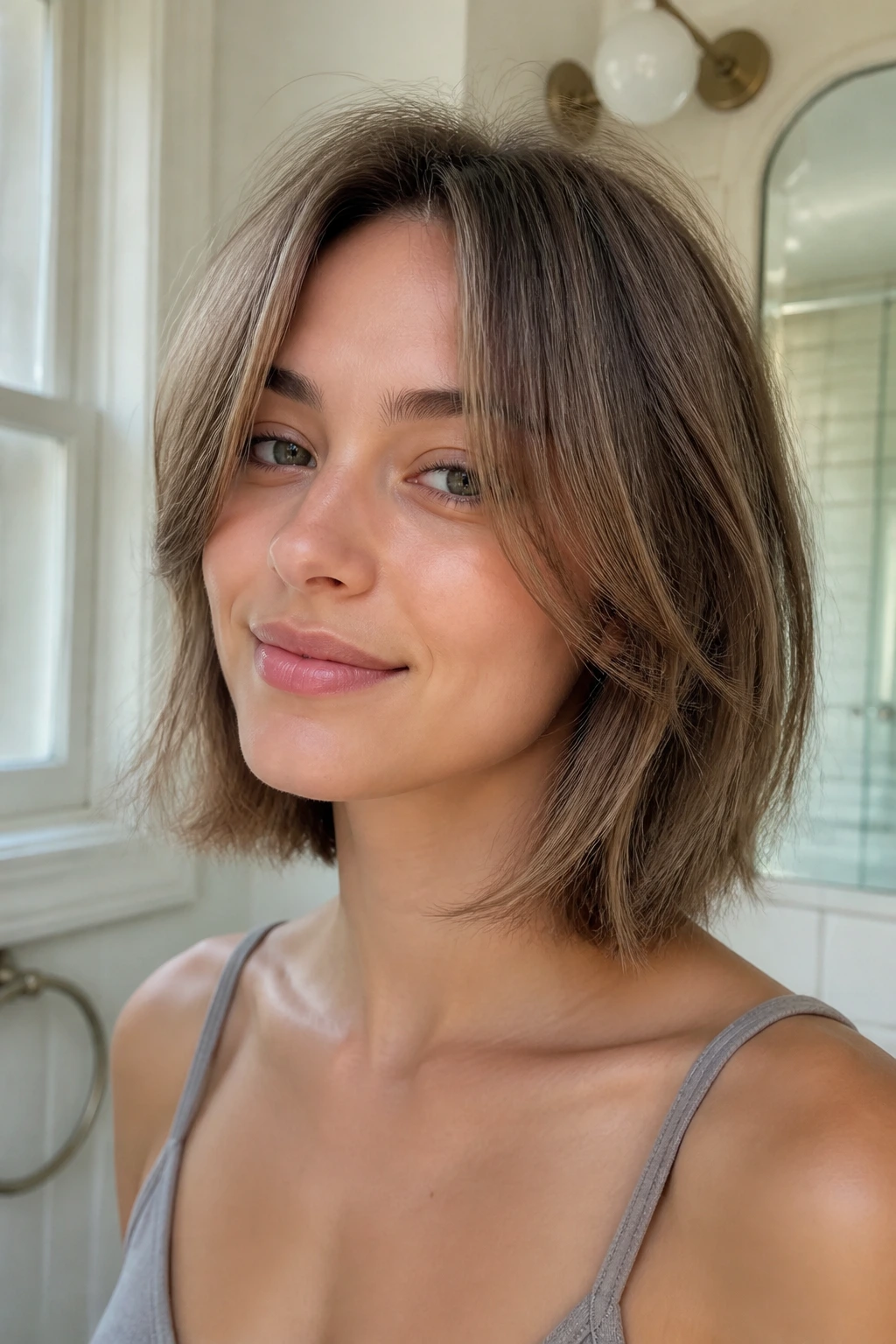 Close-up of a real woman with an air-dry curtain bob for fine hair