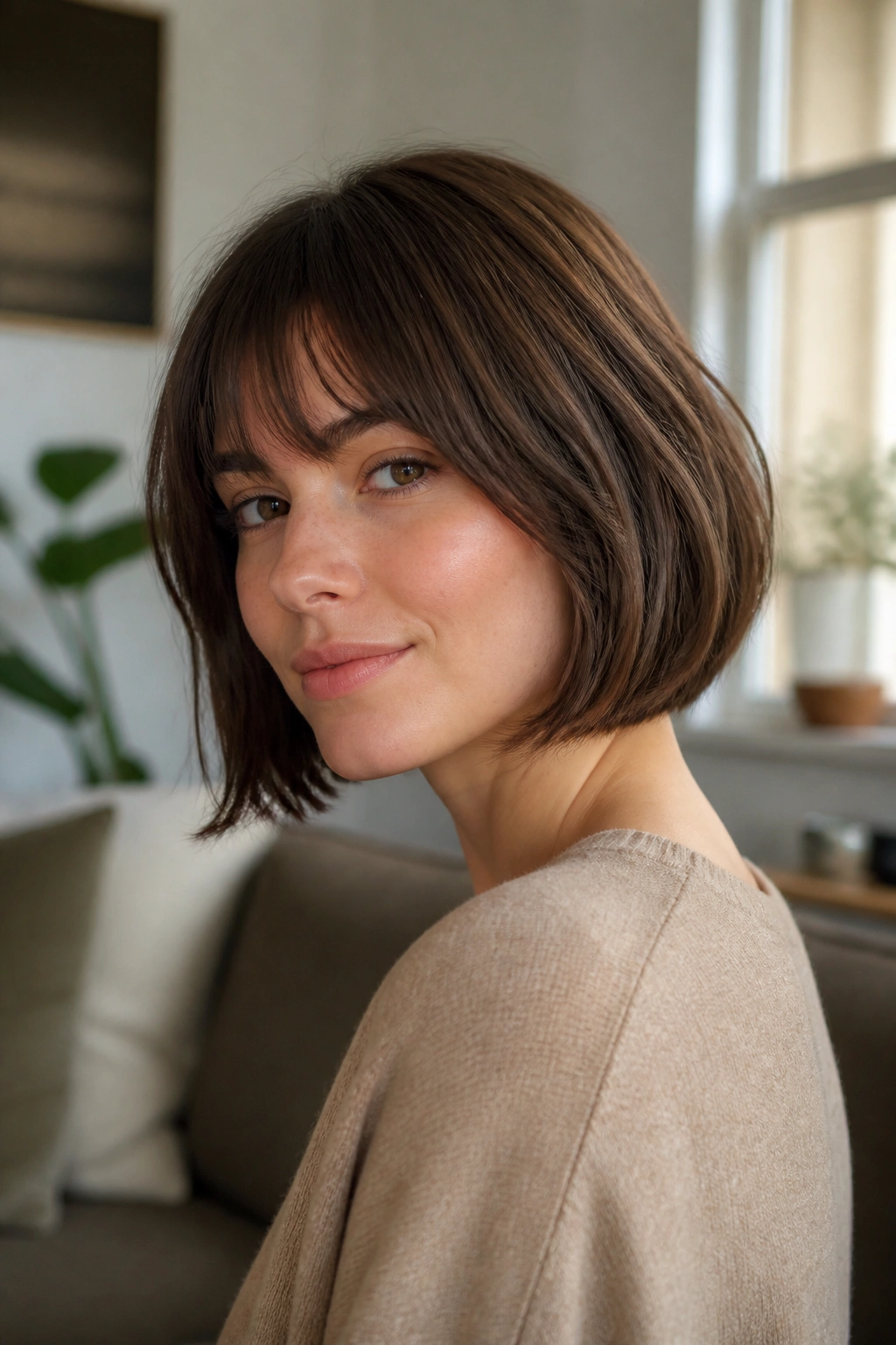 Portrait of a real woman with an air-dry French bob