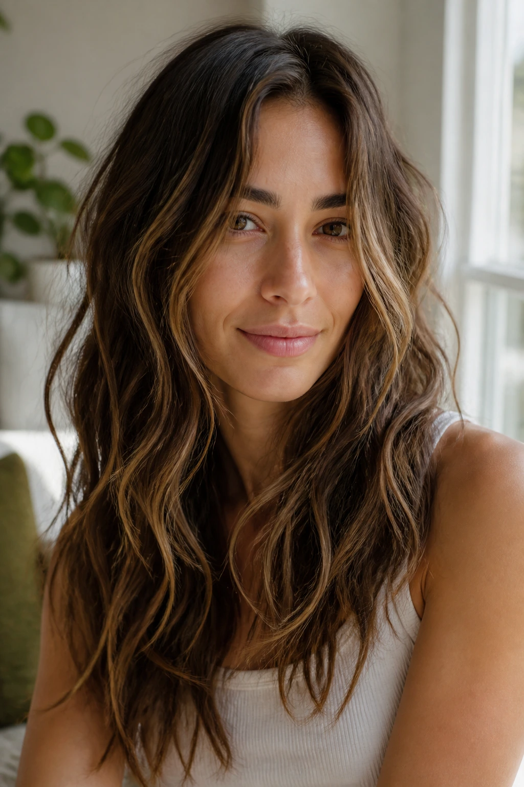 Real woman with air-dry friendly layers, natural waves and full ends.
