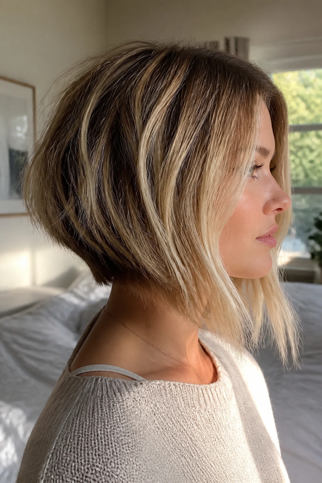 Side-profile portrait of real woman with air-dried inverted lob