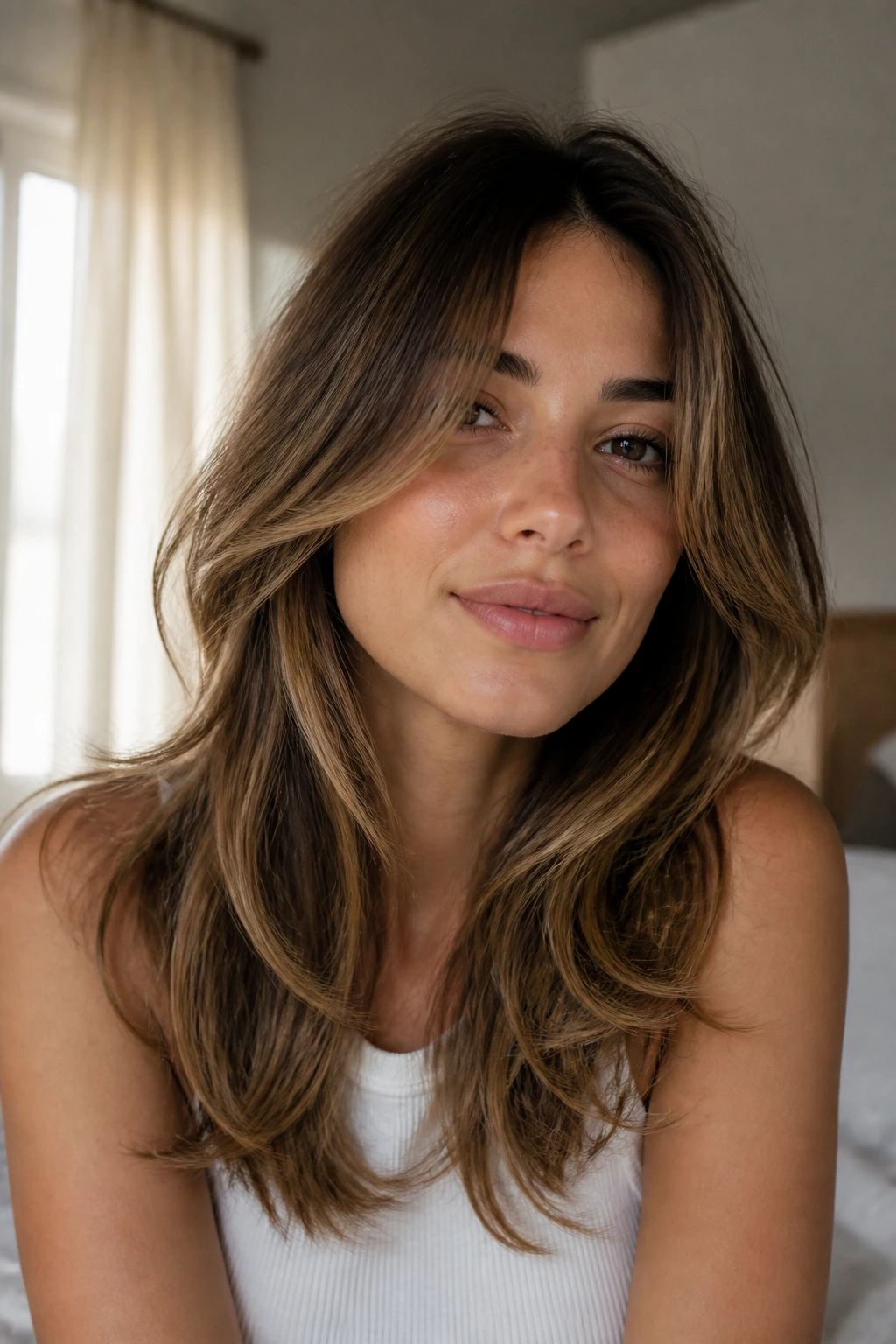 Portrait of a real woman with an air-dry layered haircut falling softly.