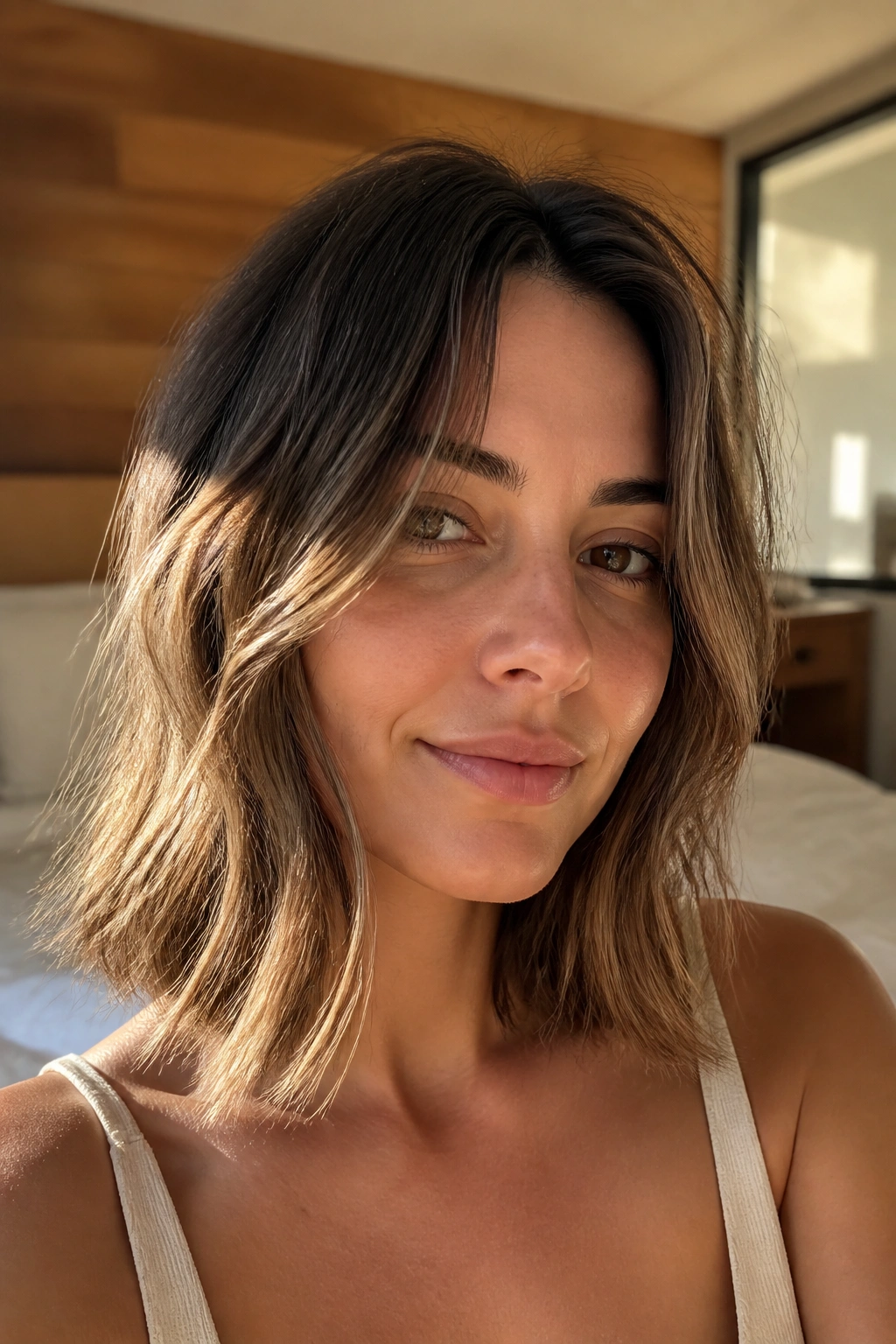 Close-up of a real woman with an air-dried lob and loose face framing