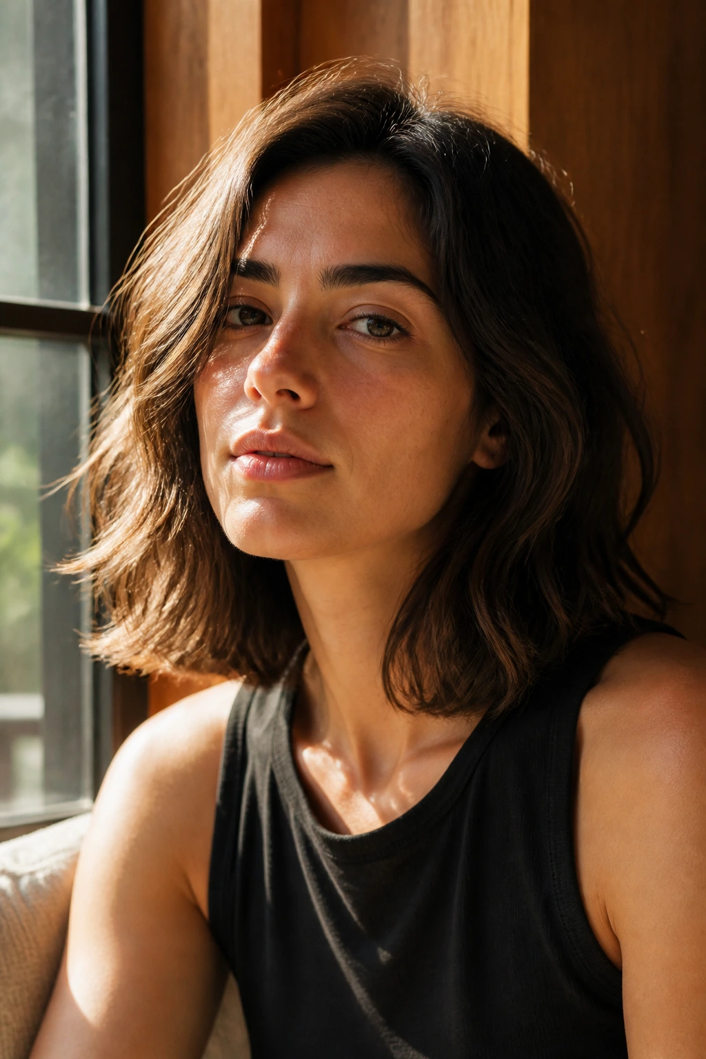 Close-up of a real person with an air-dry lob in natural light