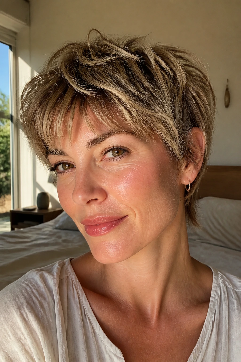 Close-up portrait of a real woman with an air-dry friendly shag pixie under warm window light
