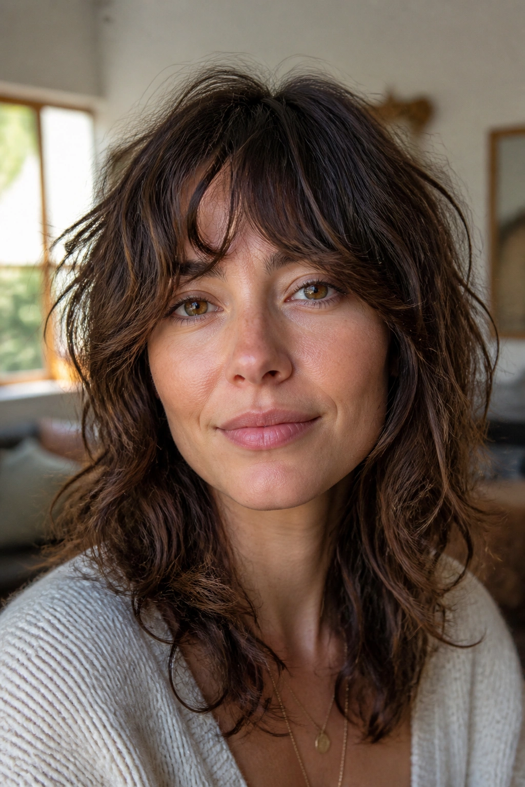 Portrait of a person with air-dried bohemian shag and natural textured waves
