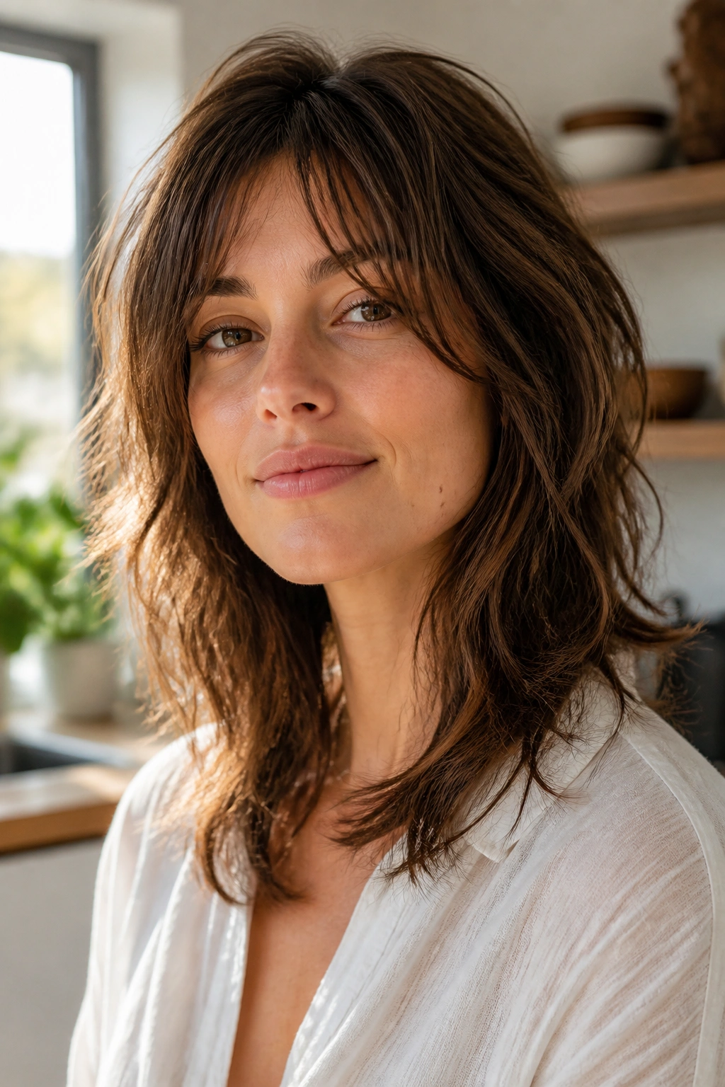 Close-up portrait of a real woman with an air-dry shag showing natural movement.