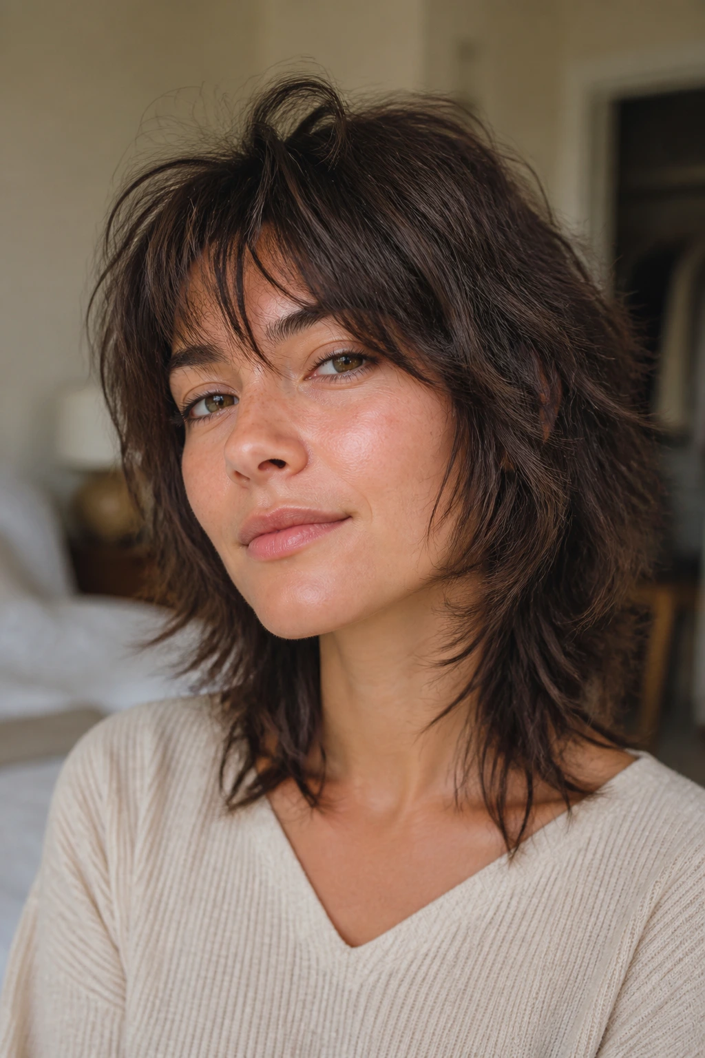 Close-up portrait of a real person with air-dry shag texture and randomized pieces