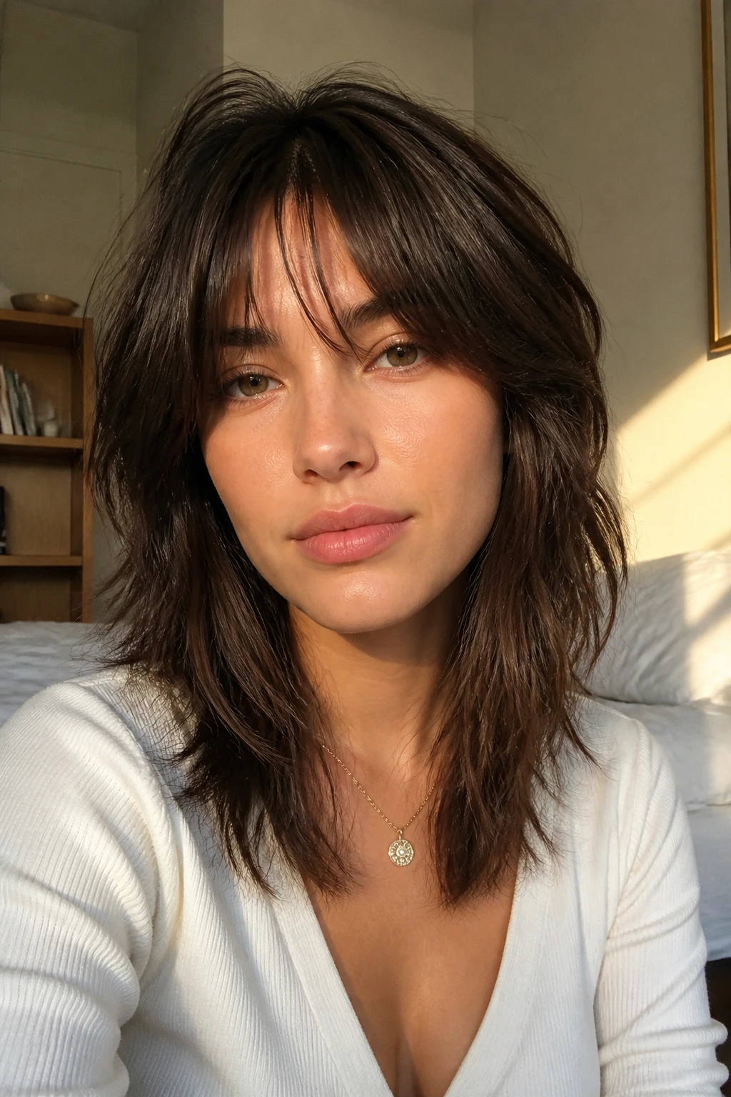 Close-up portrait of a real woman with an air-dry shag on straight hair in warm window light