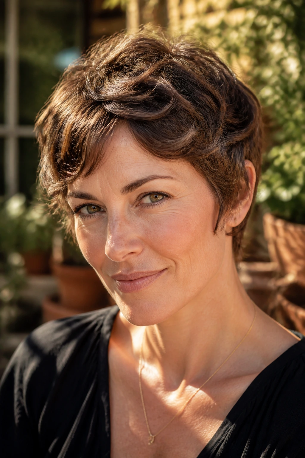 Close-up of a real woman with Air-Dry Wavy Pixie on a sunlit patio