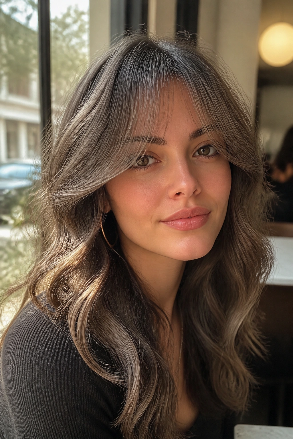 Close-up of a real person with airy ash curtain bangs on wavy hair