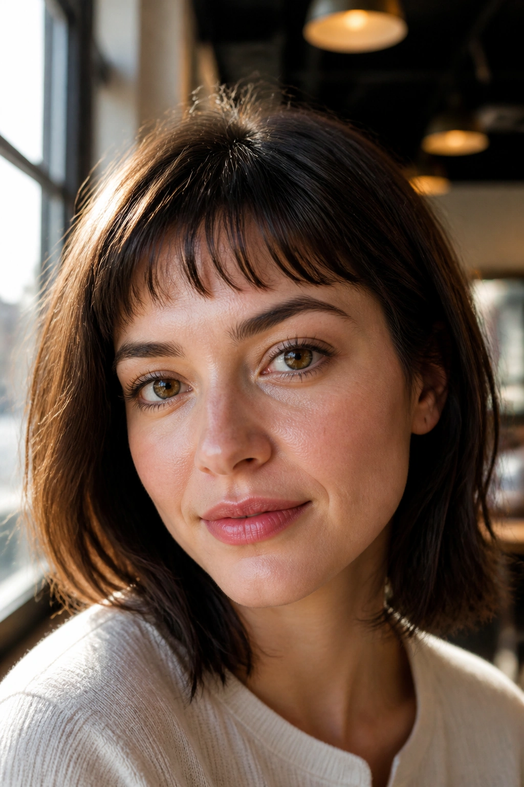 Real woman with airy baby bangs under natural window light