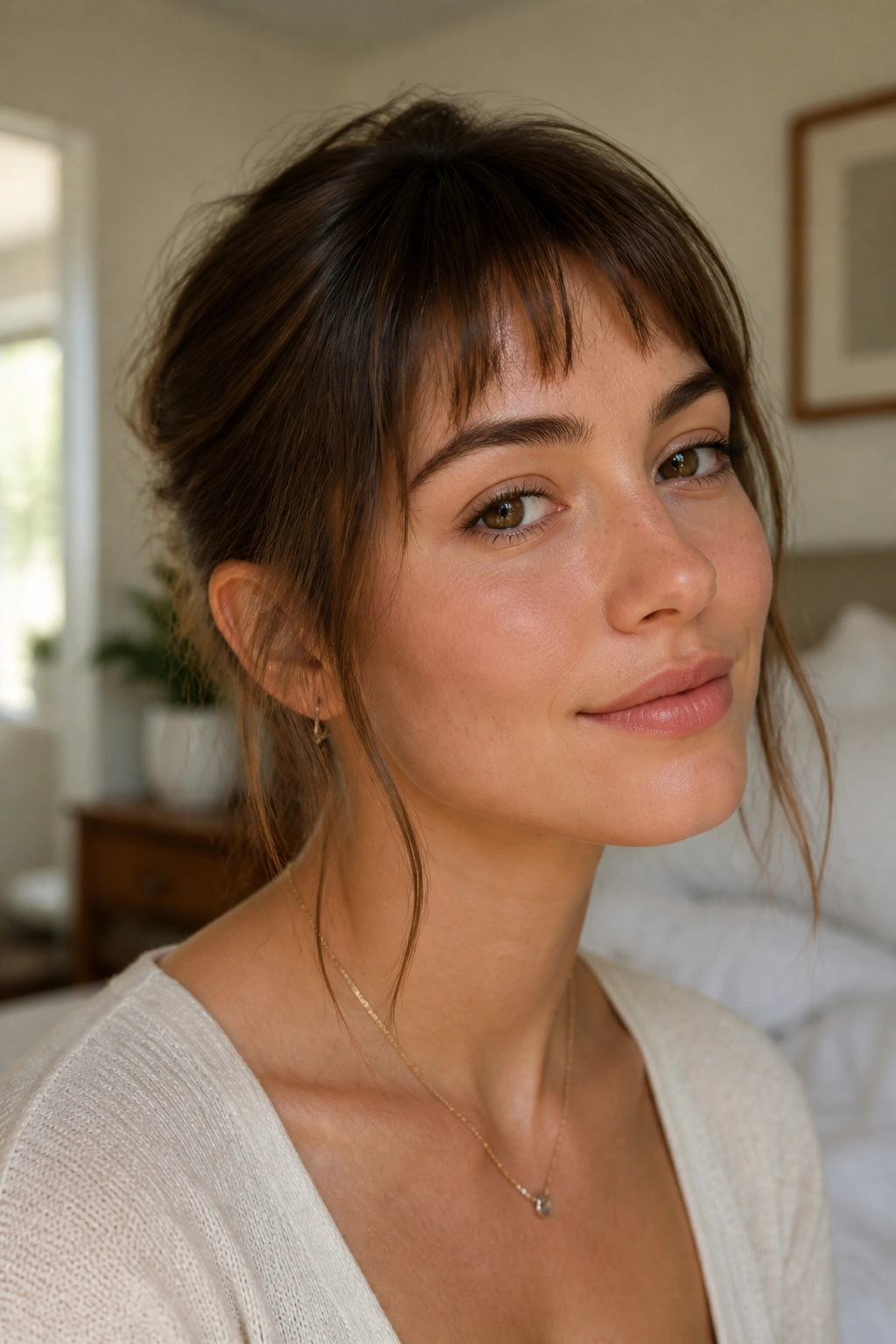 Portrait of a real woman wearing airy baby fringe with longer sides