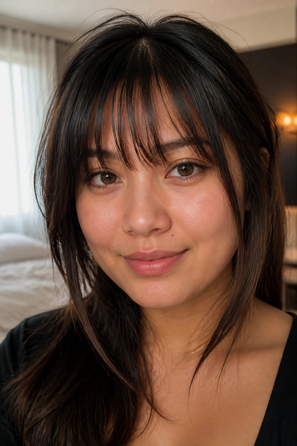 Close-up of a real woman with brow-skimming airy bangs and long sides in soft window light