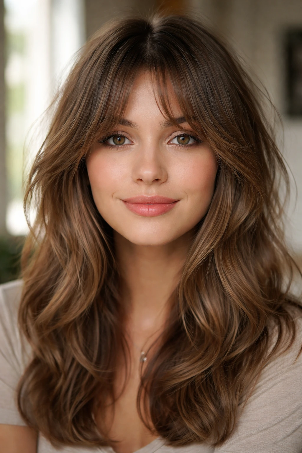 Close portrait of a real woman with airy center-parted bangs.