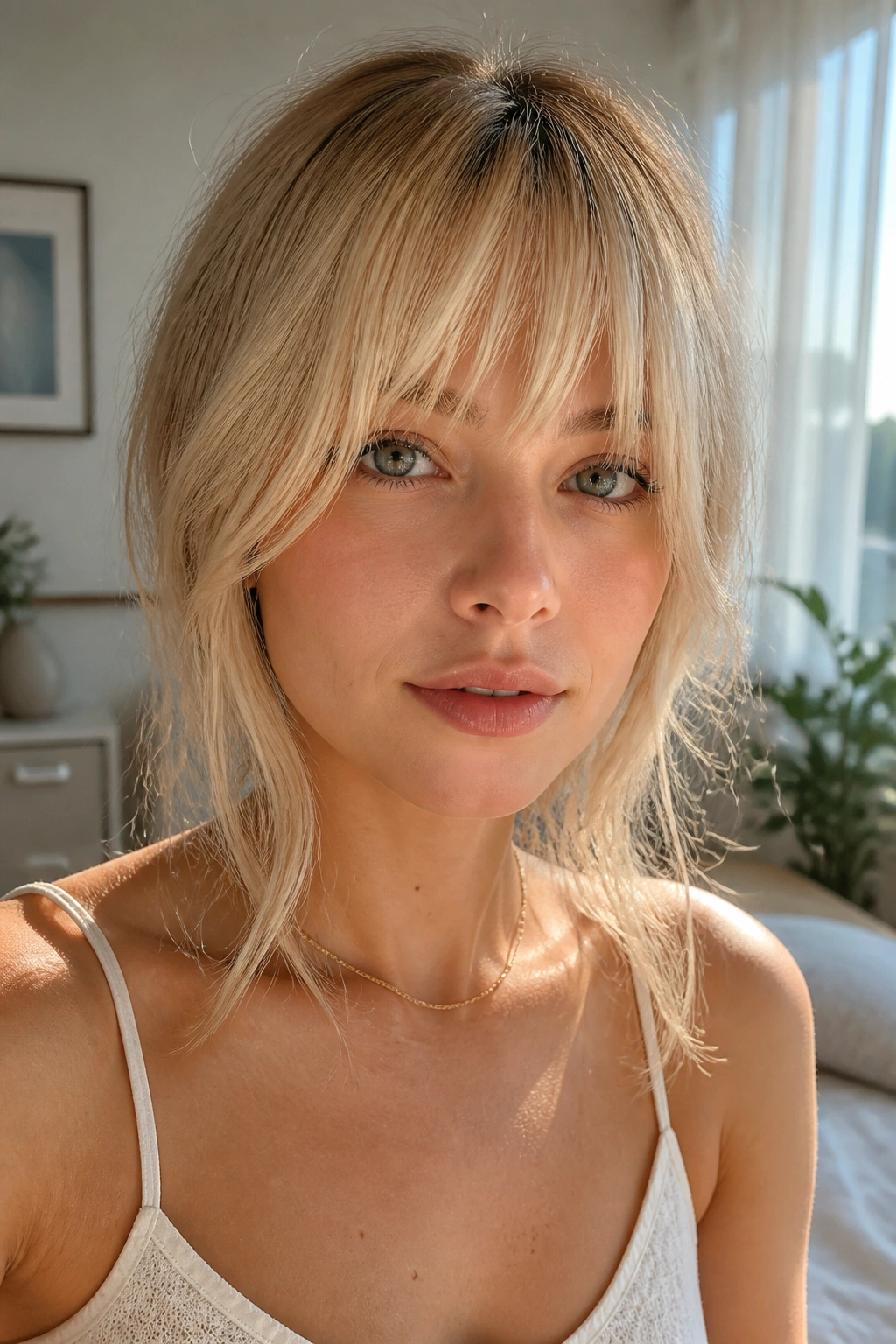 Portrait of a woman with airy French bangs in creamy blonde lighting