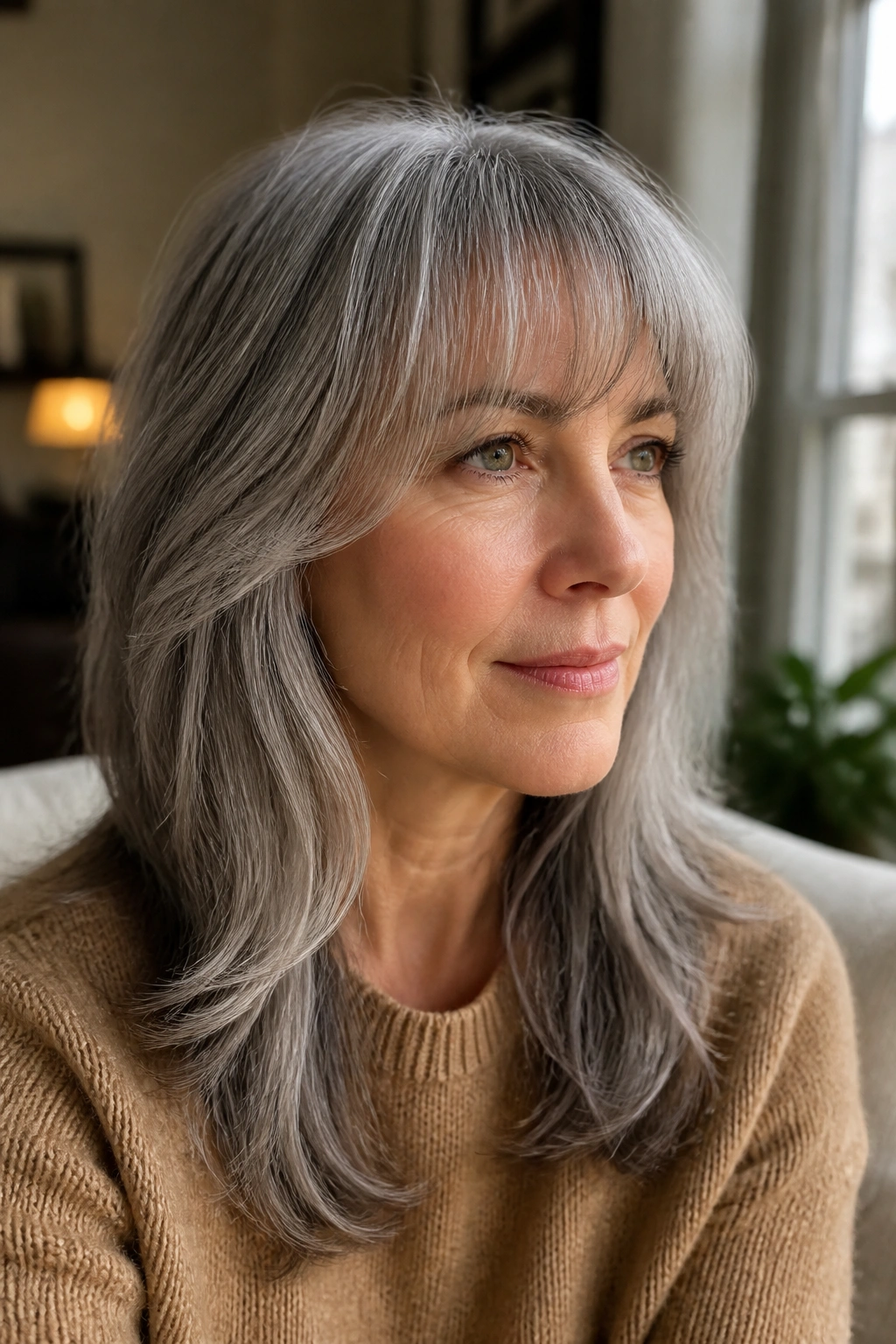 Close-up of a real woman with airy bangs blending into layered grey hair