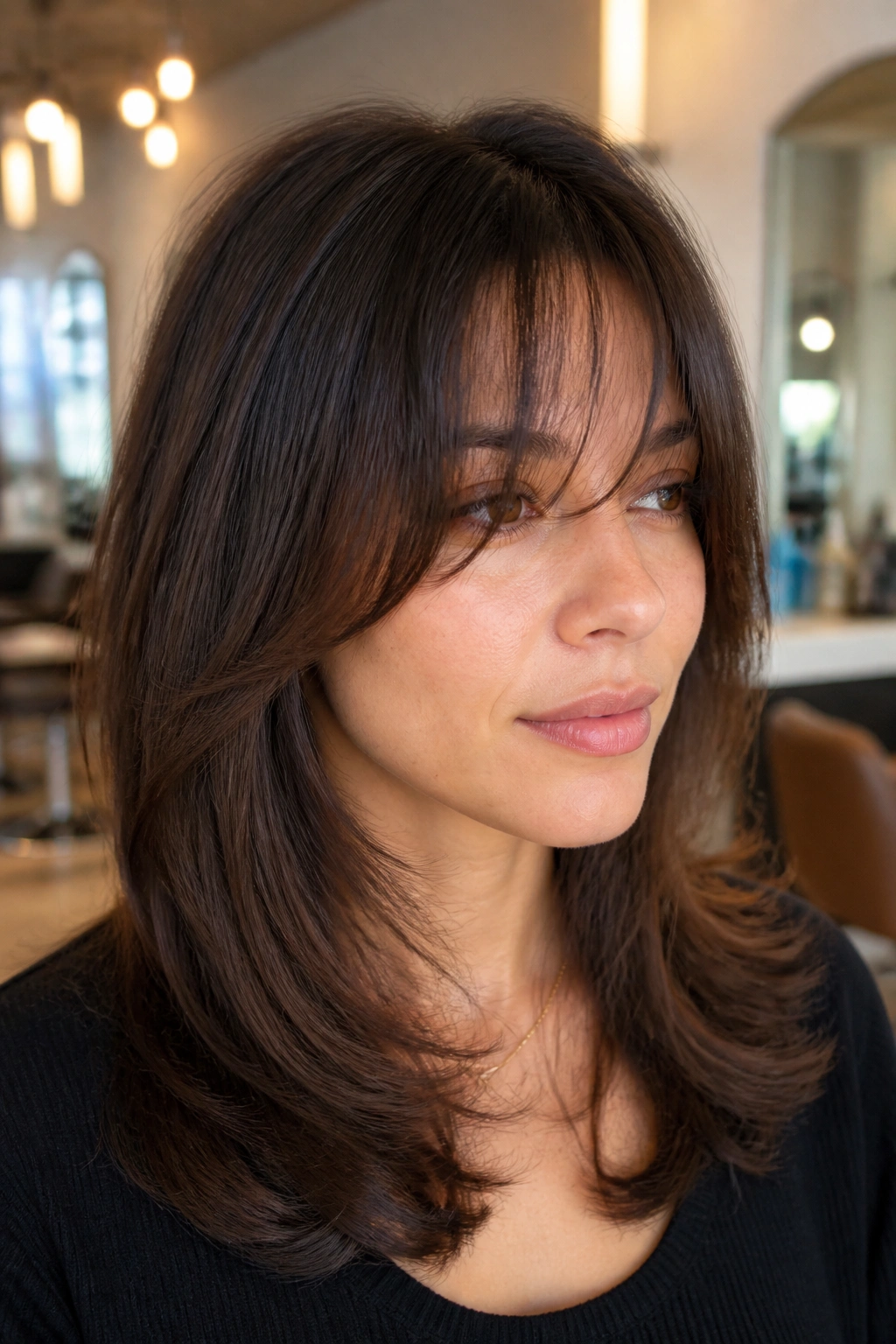 Close-up of a real woman with airy bangs and internal layers