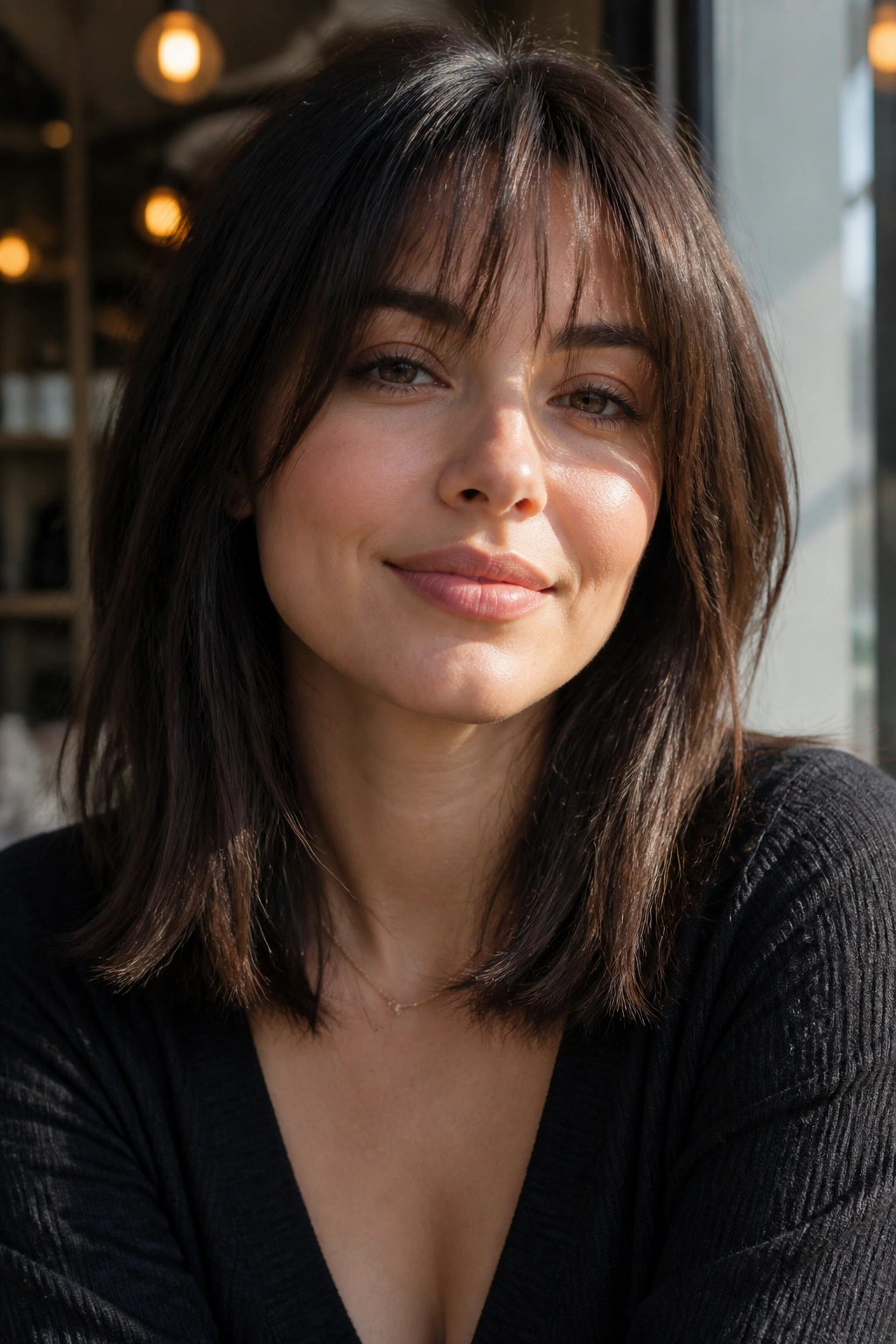 Close-up of a real woman with airy bangs on a medium lob