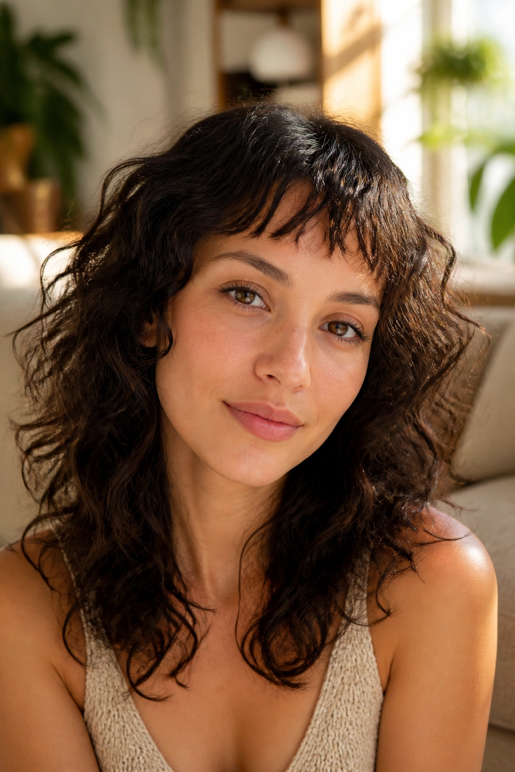 Close-up of a real person with airy micro bangs and curls