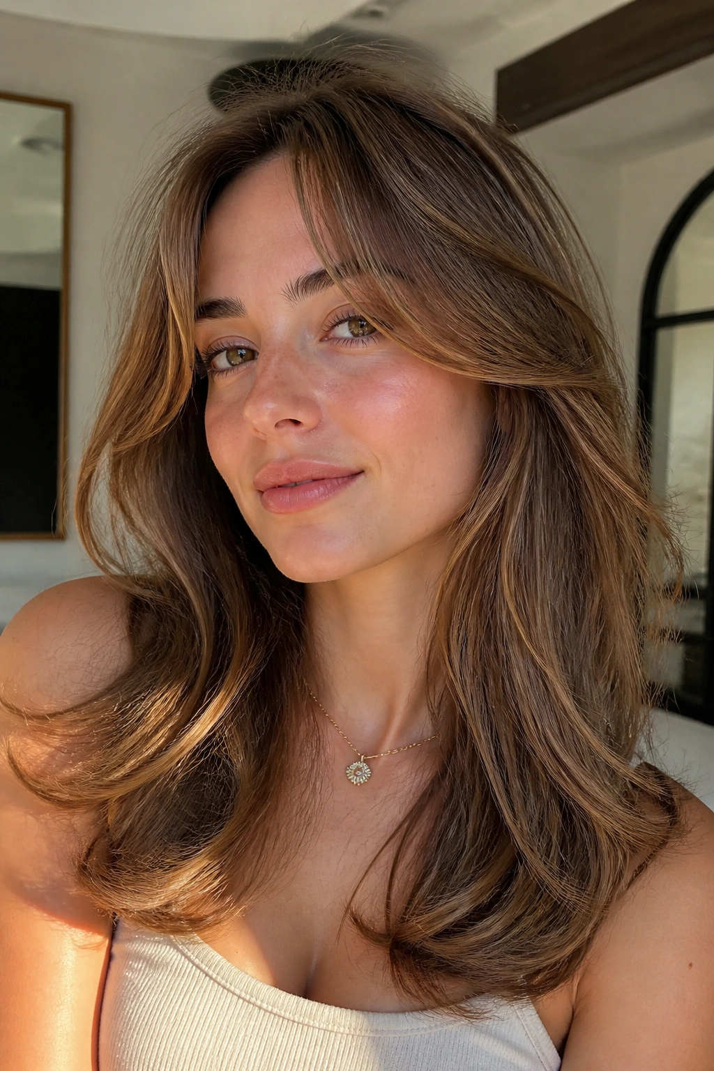 Close-up of a real woman with airy blowout curtain bangs in sunlight