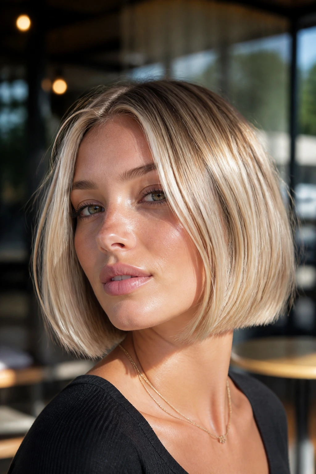Close-up of a woman with an airy blunt bob and pearly highlights in sunlight.