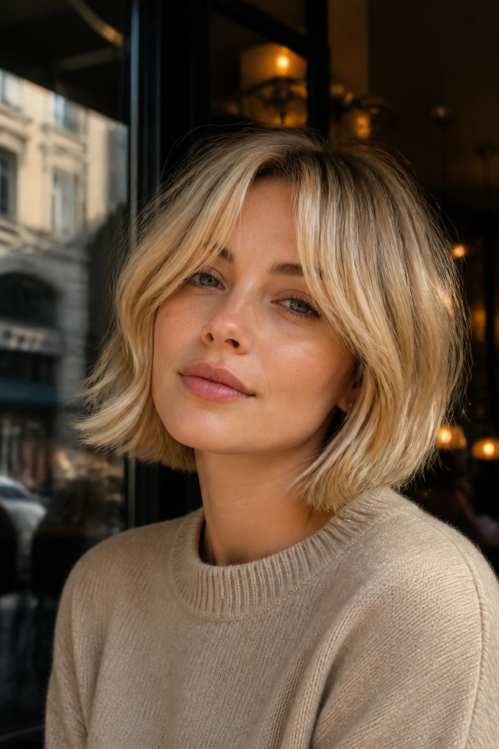 Close-up of a woman with an airy bob and Bardot bangs in a cafe window setting
