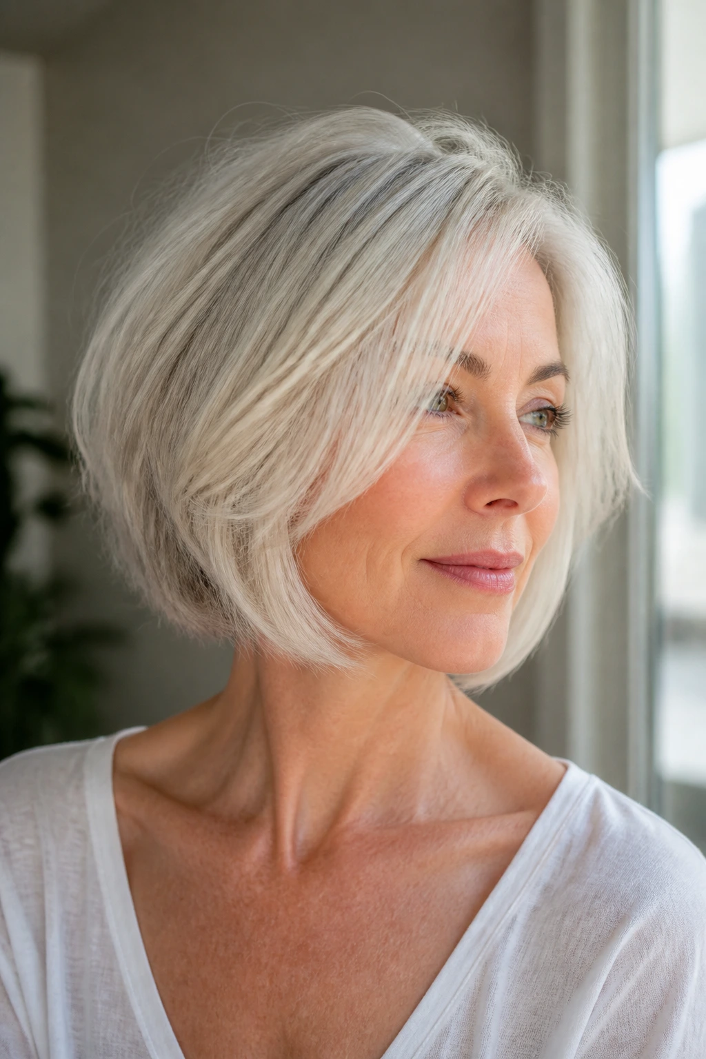 Close-up portrait of a real woman with airy bob and hidden layers in natural light