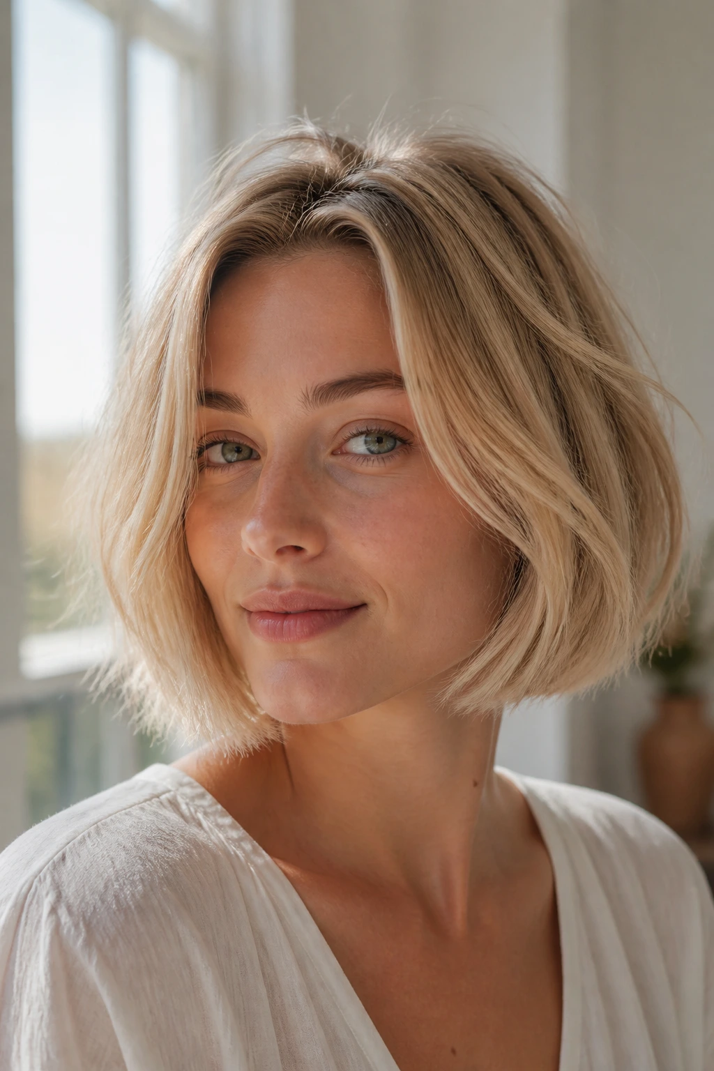 Close-up of a real woman with a light, airy jaw-length blonde bob and subtle layers.