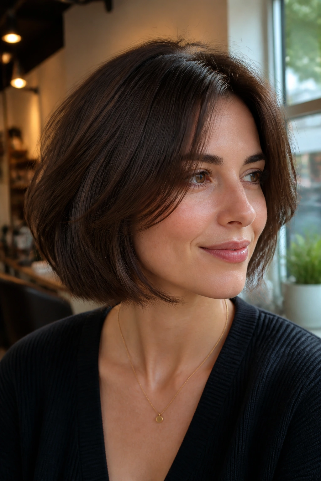 Close-up of a real woman with an airy micro-layered bob and glossy brunette color in warm window light