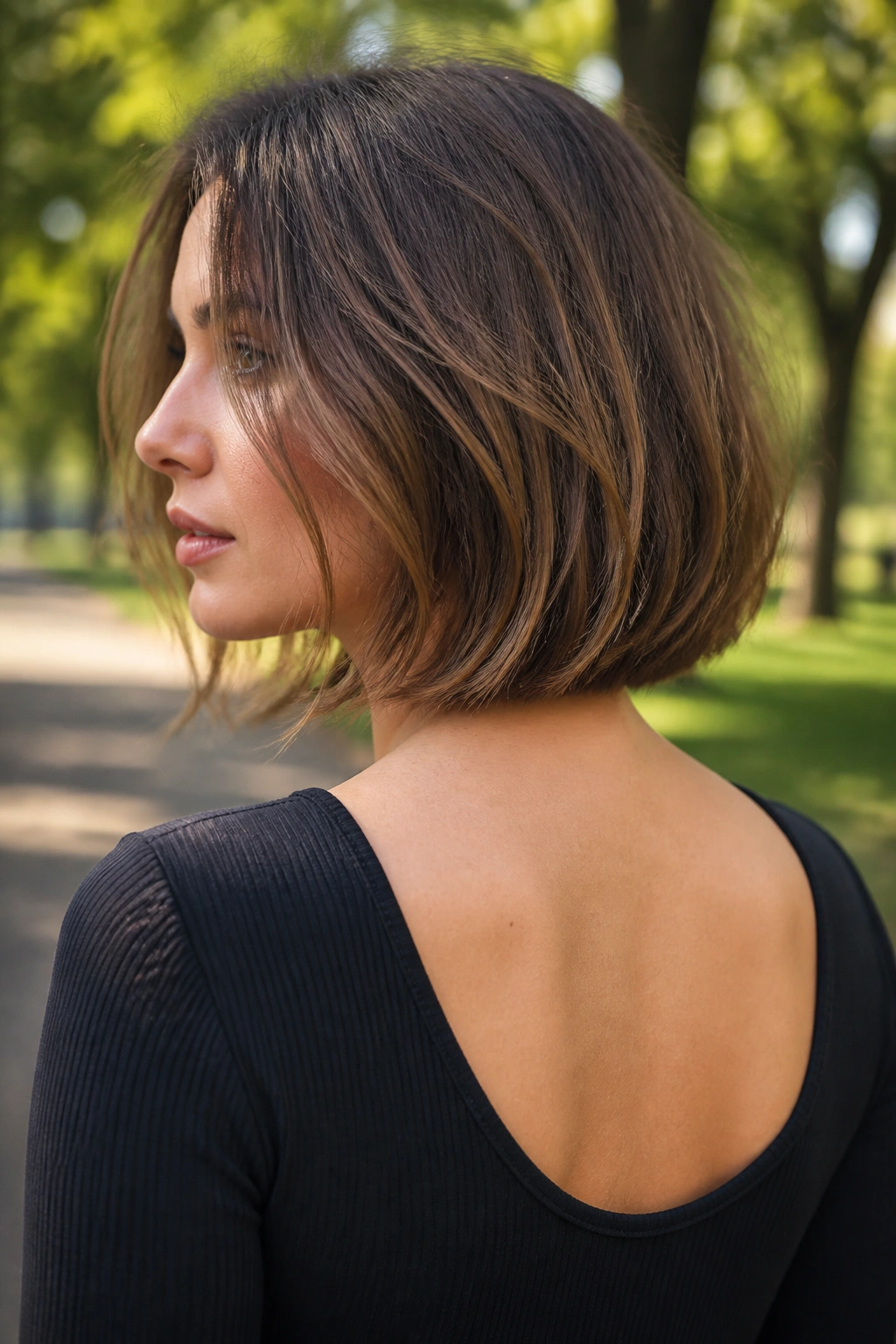 Close-up portrait of a real woman with an airy bob featuring a U-shaped back in an outdoor park