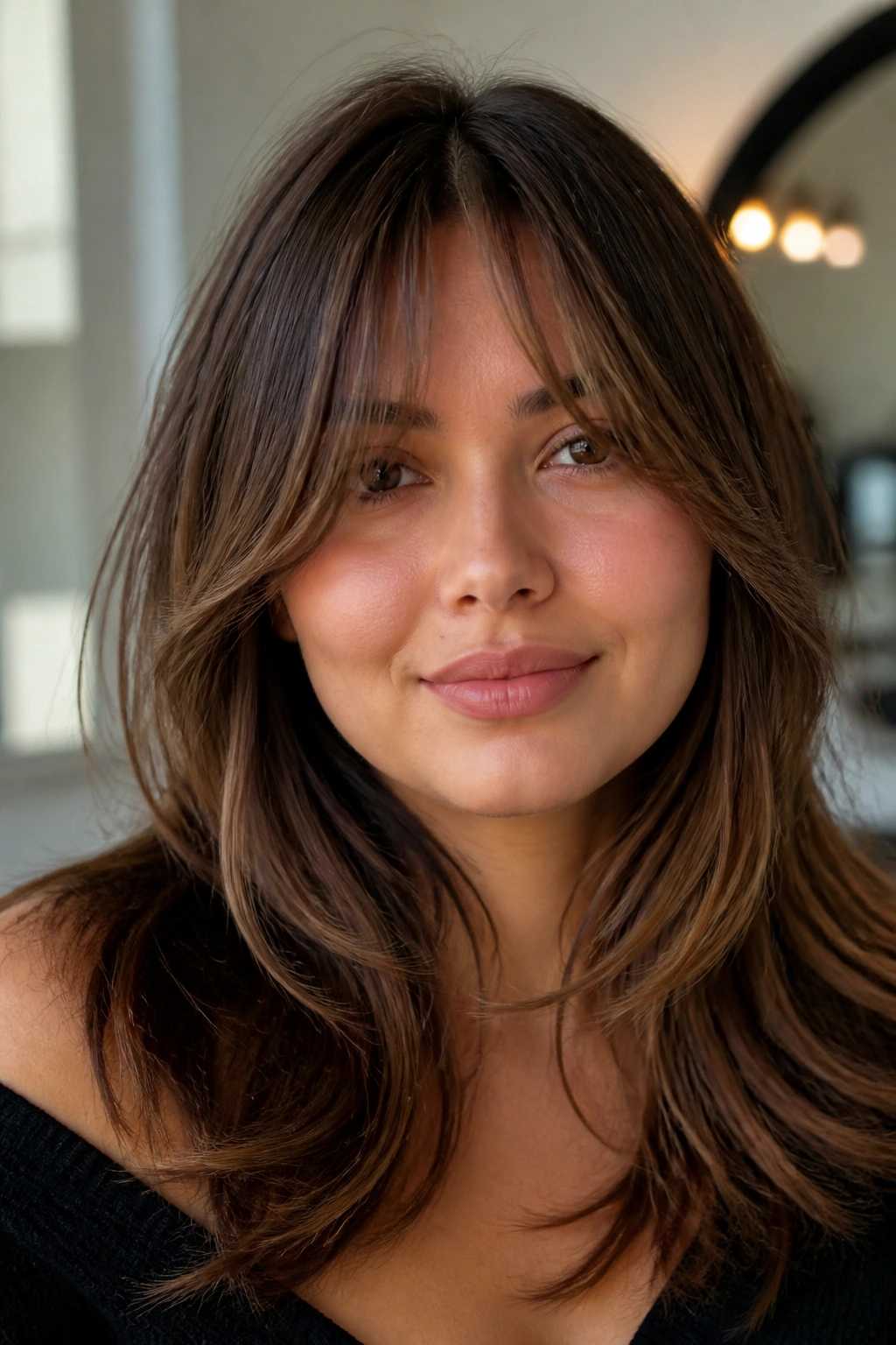 Close-up of a real woman with airy brown layers and long bangs framing a round face in warm window light