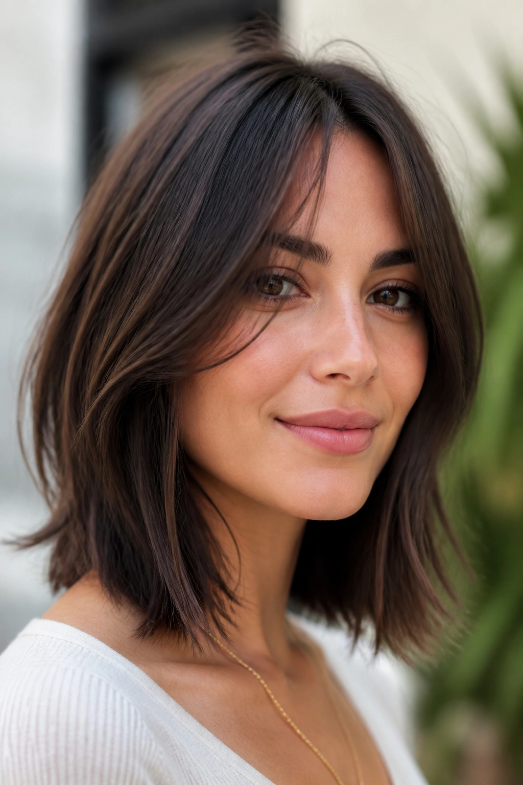 Portrait of a woman with an airy brunette lob and piecey face-framing ends.