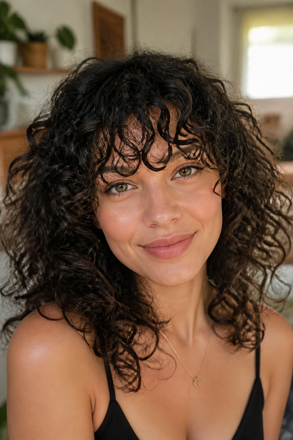 Close-up of a real person with airy choppy bangs for curly hair