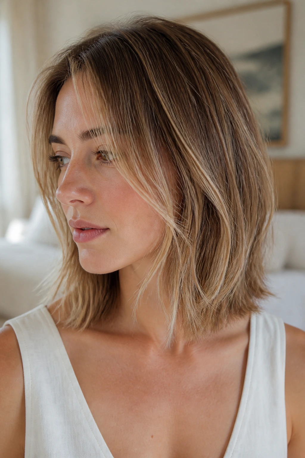 Medium close-up of a real person with an airy clavicut at collarbone length