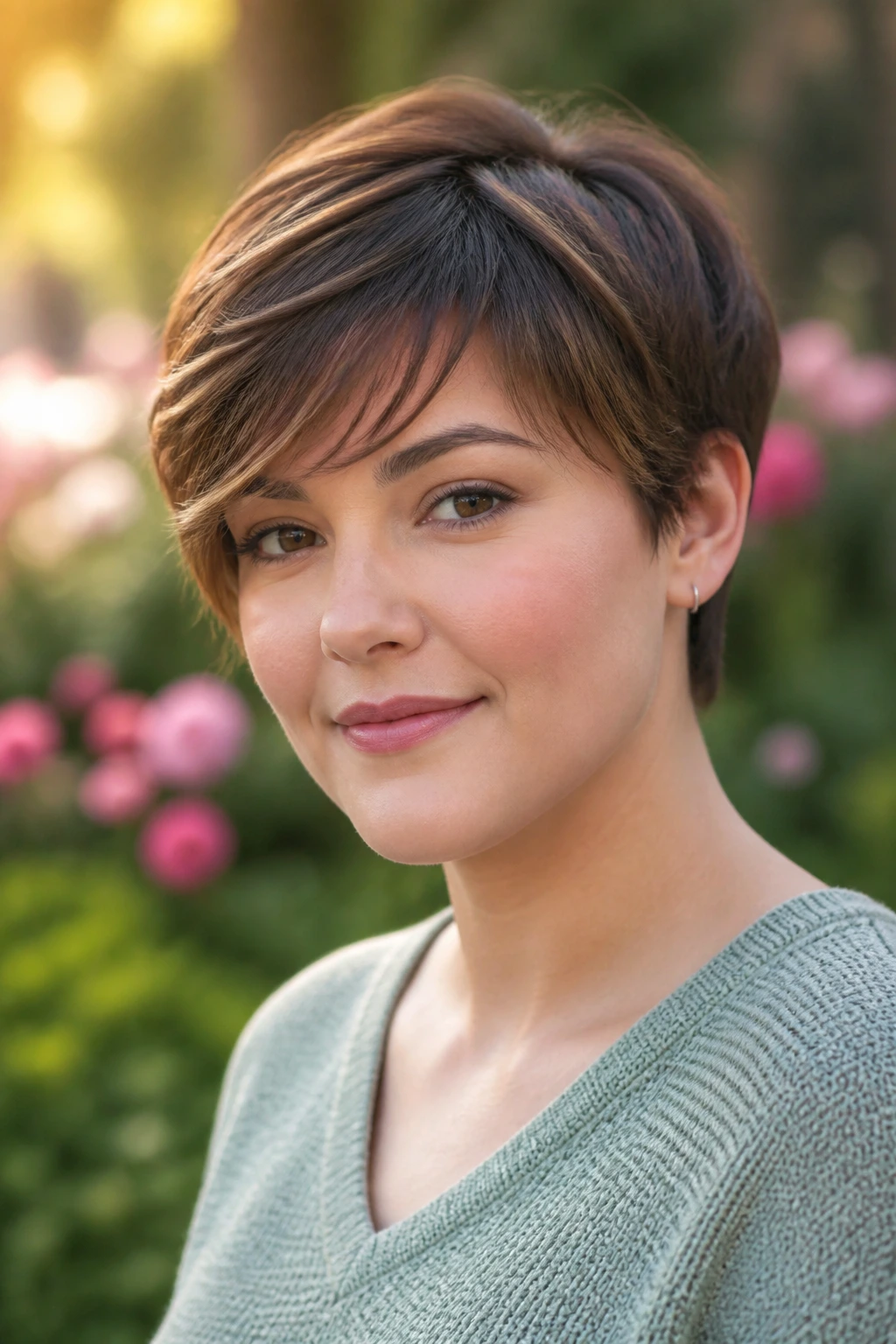 Close-up portrait of a real woman with an airy crop and side-swept fringe for a round face.