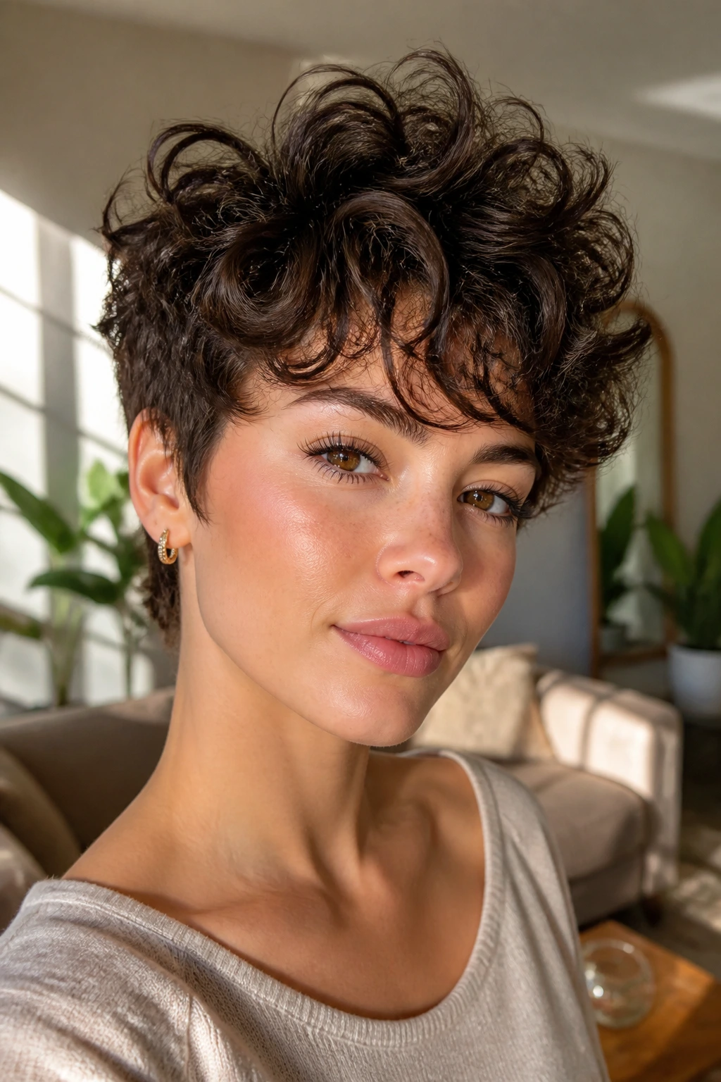 Close-up of a real woman with airy curly pixie root lift in a sunlit living room.