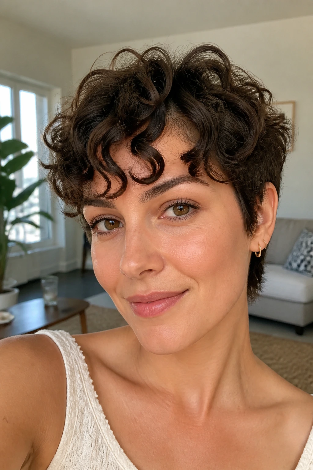 Close-up of a real woman with airy curls and S-curve bangs