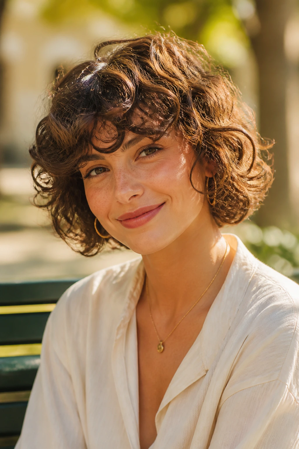 Portrait of a person with an airy curly bob and flipped-out ends in warm golden-hour light.