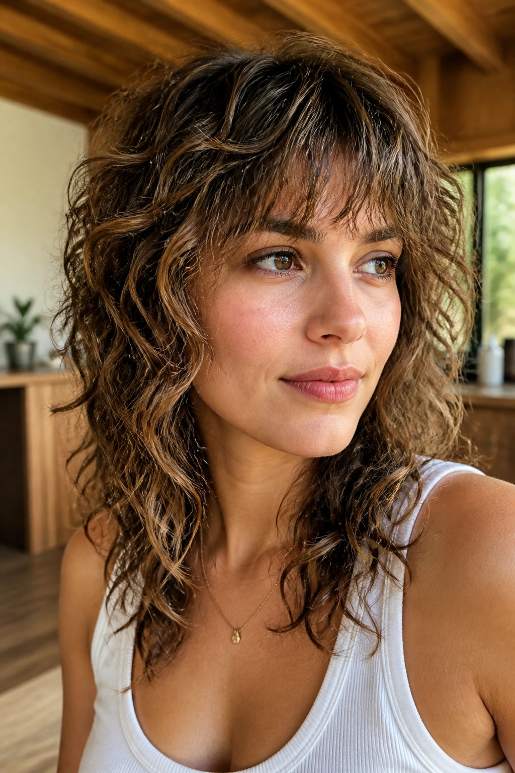 Close-up of a real woman with airy curly shag and feathered fringe.