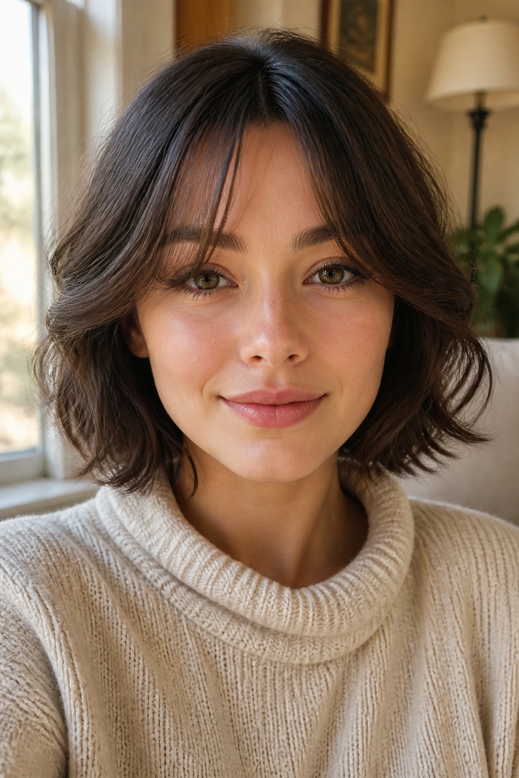 Close-up portrait of a person with airy side curtain bangs