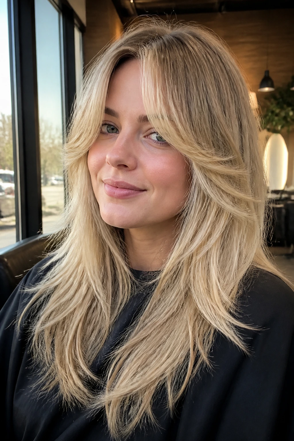 Close-up portrait of a real woman with airy curtain fringe on blonde shag