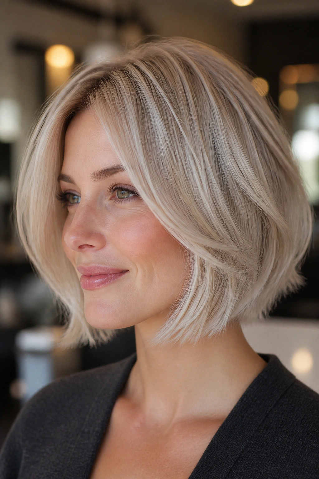 Portrait of a woman with an airy feathered bob and razor ends in pearl blonde tones