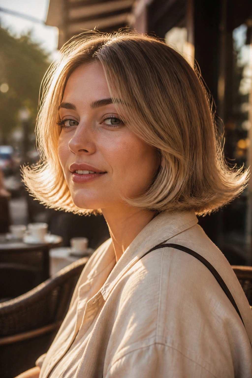 Close-up portrait of a real woman with an airy flipped-end bob