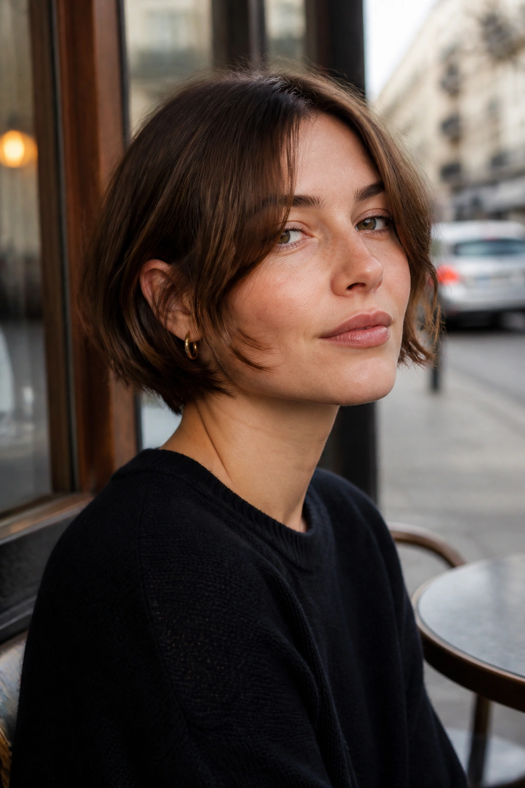 Close-up of a real woman with an airy French bob and cheekbone-grazing curtain pieces.