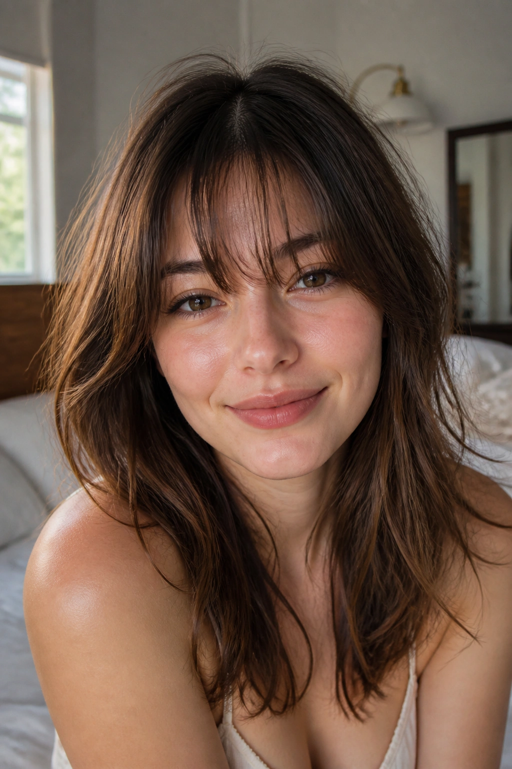 Close-up of a real woman with airy, loose French-girl bangs in natural light