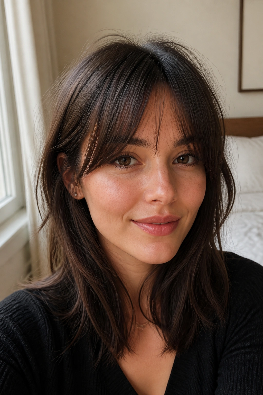 Close-up of a woman with airy fringe under warm window light
